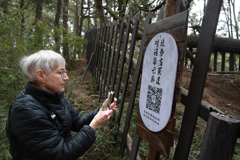 3月15日，贾和普在广元市剑阁县古蜀道用手机扫描铭牌上的二维码。新华社发 刘仁 摄